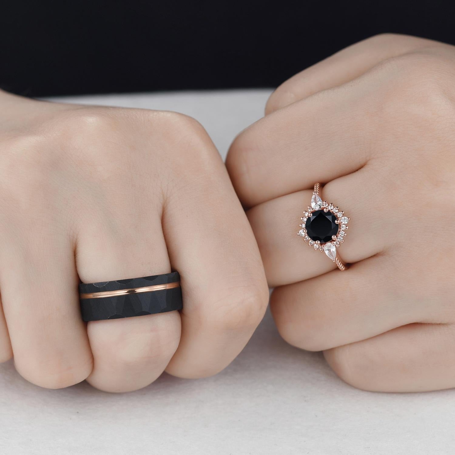 Vintage Black Onyx Couple Ring Set Rose Gold Black Tungsten Wedding Band for His and Her Promise Ring - anerjuly