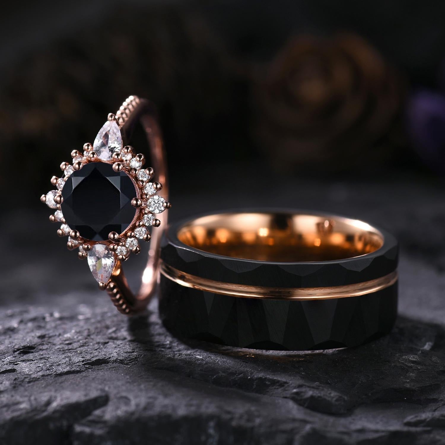 Vintage Black Onyx Couple Ring Set Rose Gold Black Tungsten Wedding Band for His and Her Promise Ring - anerjuly
