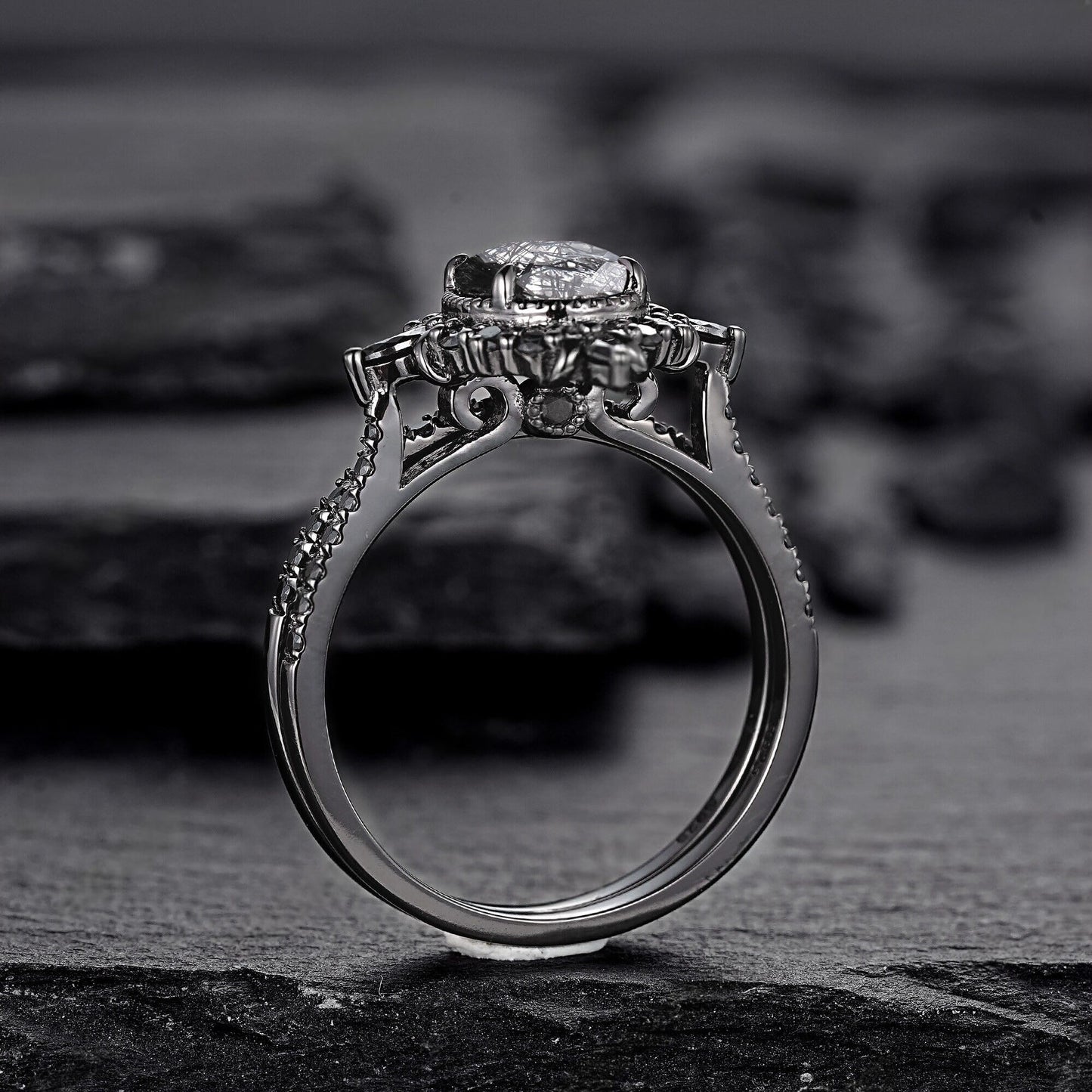 Vintage Black Rutilated Quartz Engagement Ring Set Leaf Floral Vine Twig Branch Nature Inspired Wedding Ring Milgrain Celtic Knot Ring Gift - anerjuly