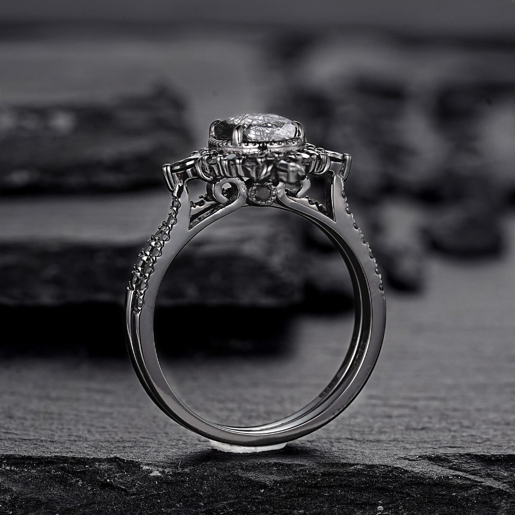 Vintage Black Rutilated Quartz Engagement Ring Set Leaf Floral Vine Twig Branch Nature Inspired Wedding Ring Milgrain Celtic Knot Ring Gift - anerjuly