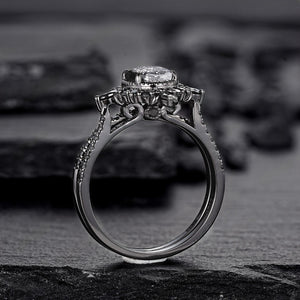 Vintage Black Rutilated Quartz Engagement Ring Set Leaf Floral Vine Twig Branch Nature Inspired Wedding Ring Milgrain Celtic Knot Ring Gift - anerjuly