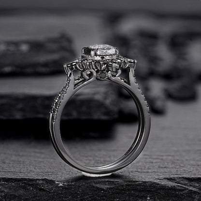 Vintage Black Rutilated Quartz Engagement Ring Set Leaf Floral Vine Twig Branch Nature Inspired Wedding Ring Milgrain Celtic Knot Ring Gift - anerjuly