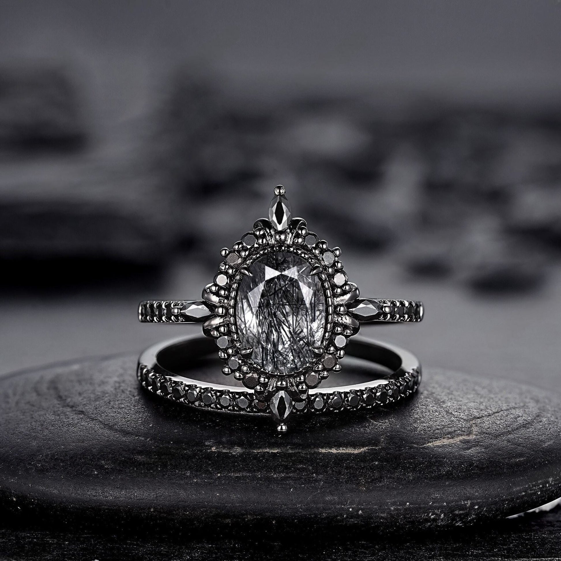 Vintage Black Rutilated Quartz Engagement Ring Set Leaf Floral Vine Twig Branch Nature Inspired Wedding Ring Milgrain Celtic Knot Ring Gift - anerjuly