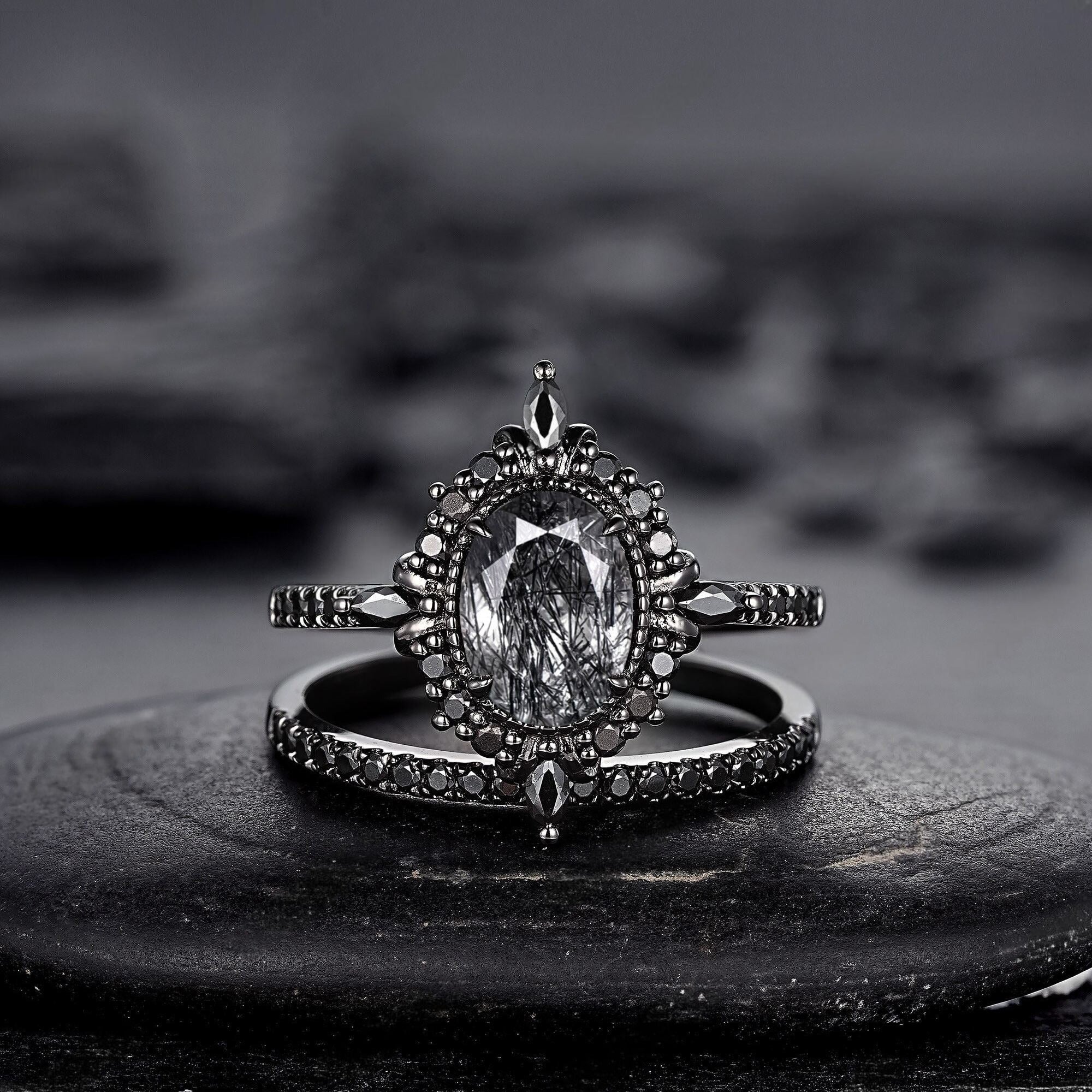 Vintage Black Rutilated Quartz Engagement Ring Set Leaf Floral Vine Twig Branch Nature Inspired Wedding Ring Milgrain Celtic Knot Ring Gift - anerjuly