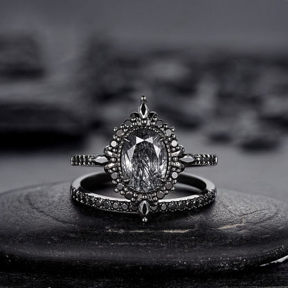 Vintage Black Rutilated Quartz Engagement Ring Set Leaf Floral Vine Twig Branch Nature Inspired Wedding Ring Milgrain Celtic Knot Ring Gift - anerjuly
