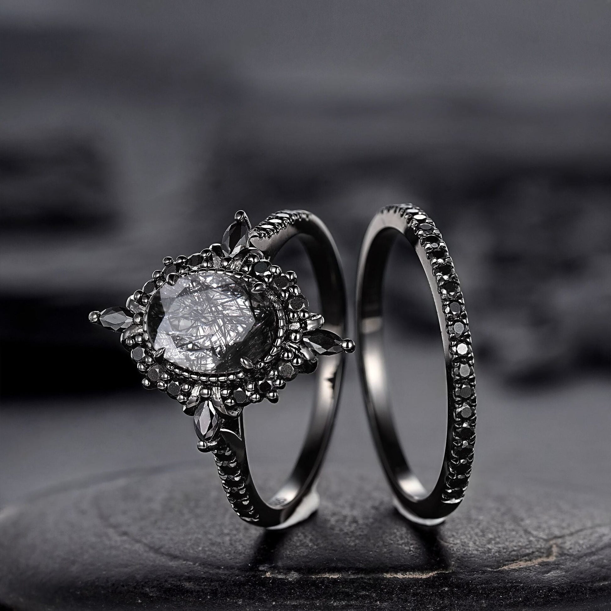 Vintage Black Rutilated Quartz Engagement Ring Set Leaf Floral Vine Twig Branch Nature Inspired Wedding Ring Milgrain Celtic Knot Ring Gift - anerjuly