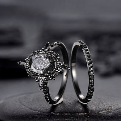 Vintage Black Rutilated Quartz Engagement Ring Set Leaf Floral Vine Twig Branch Nature Inspired Wedding Ring Milgrain Celtic Knot Ring Gift - anerjuly