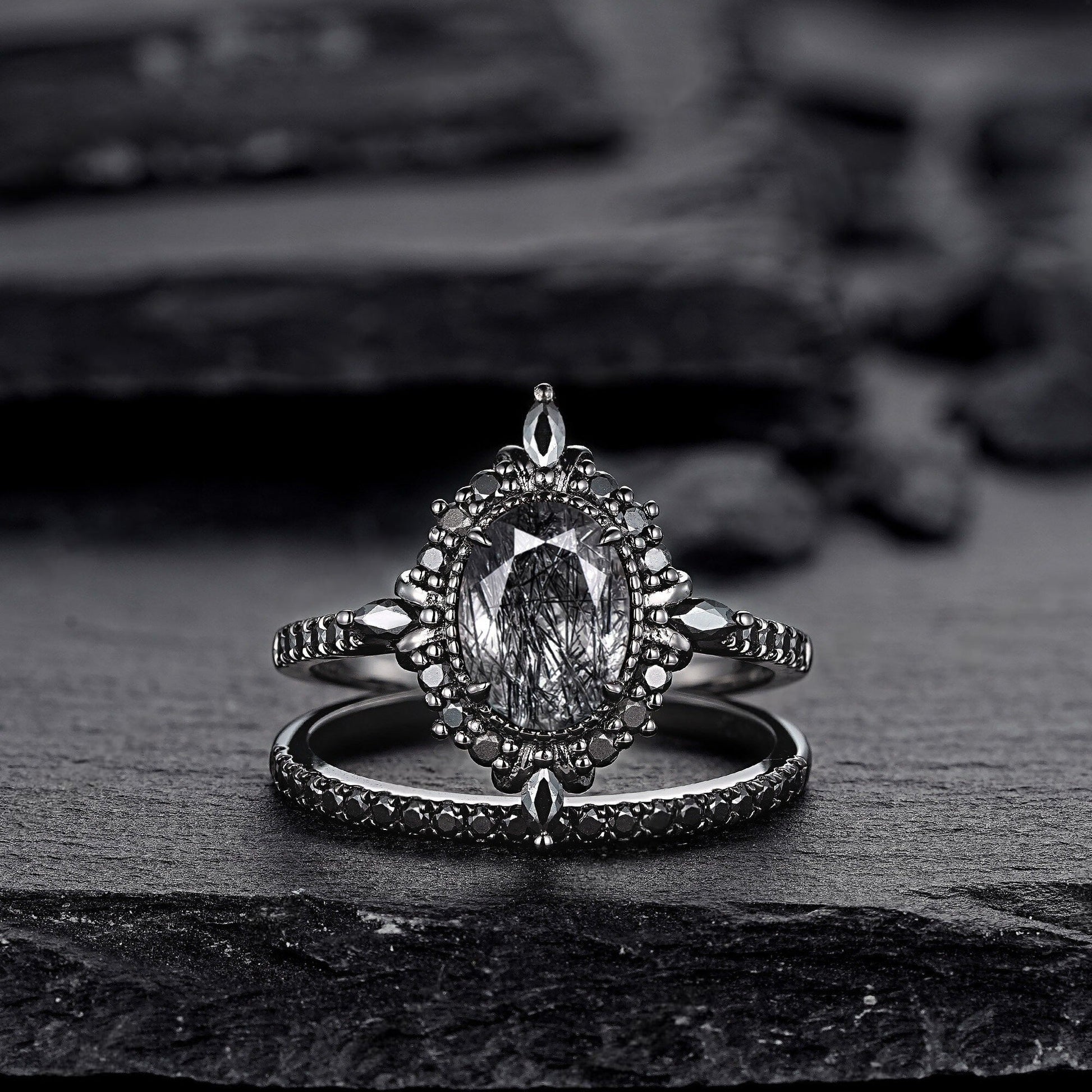 Vintage Black Rutilated Quartz Engagement Ring Set Leaf Floral Vine Twig Branch Nature Inspired Wedding Ring Milgrain Celtic Knot Ring Gift - anerjuly