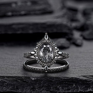 Vintage Black Rutilated Quartz Engagement Ring Set Leaf Floral Vine Twig Branch Nature Inspired Wedding Ring Milgrain Celtic Knot Ring Gift - anerjuly