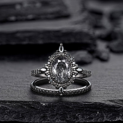 Vintage Black Rutilated Quartz Engagement Ring Set Leaf Floral Vine Twig Branch Nature Inspired Wedding Ring Milgrain Celtic Knot Ring Gift - anerjuly