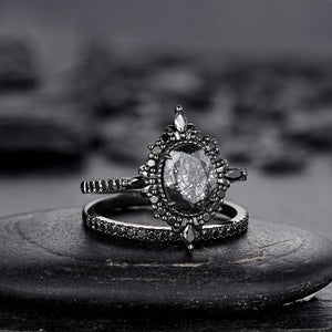 Vintage Black Rutilated Quartz Engagement Ring Set Leaf Floral Vine Twig Branch Nature Inspired Wedding Ring Milgrain Celtic Knot Ring Gift - anerjuly