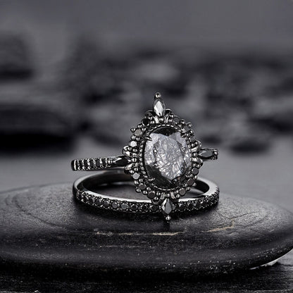Vintage Black Rutilated Quartz Engagement Ring Set Leaf Floral Vine Twig Branch Nature Inspired Wedding Ring Milgrain Celtic Knot Ring Gift - anerjuly
