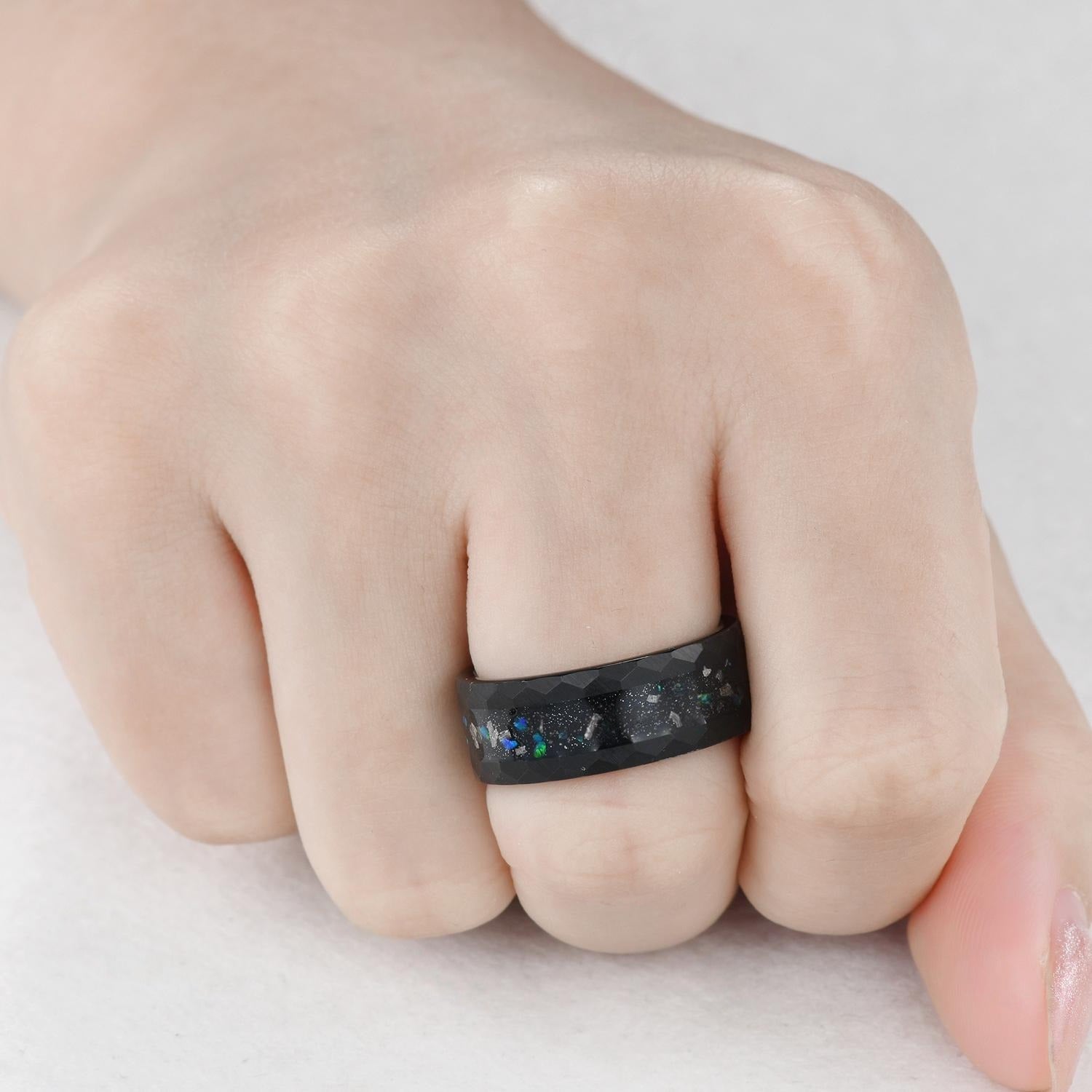Vintage Blue Opal Men Ring Black Tungsten Galaxy Ring Hammered Ring Inlay Black Tungsten Ring - anerjuly