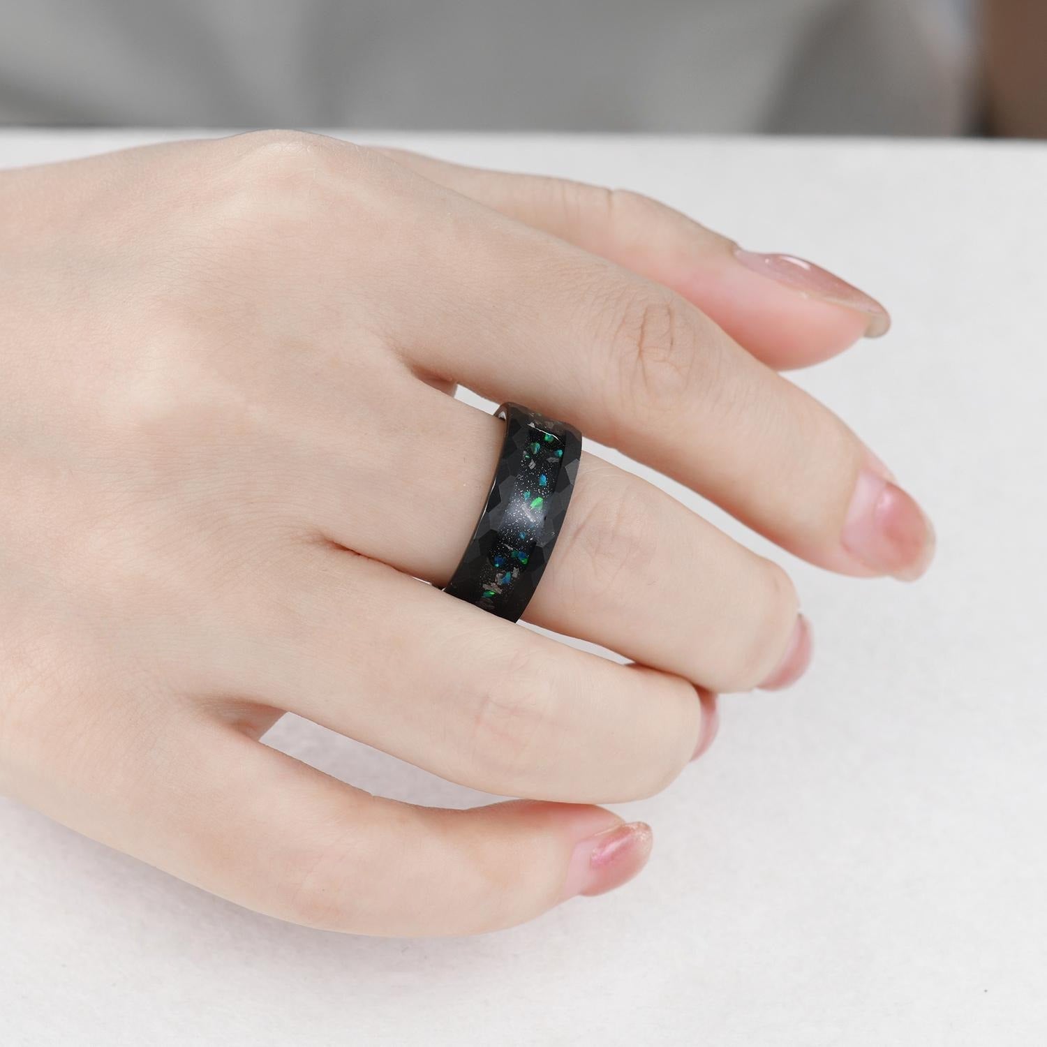 Vintage Blue Opal Men Ring Black Tungsten Galaxy Ring Hammered Ring Inlay Black Tungsten Ring - anerjuly