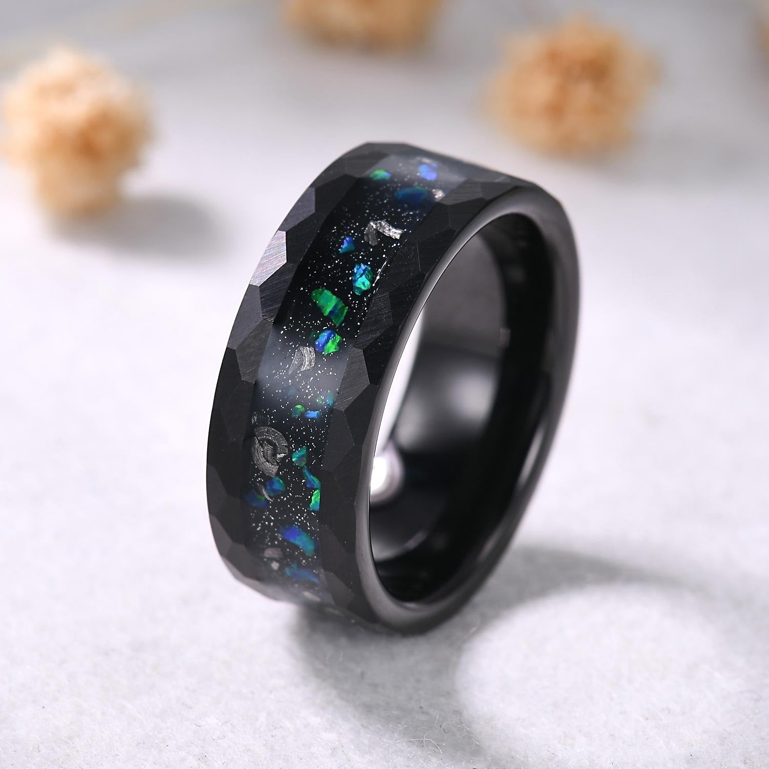 Vintage Blue Opal Men Ring Black Tungsten Galaxy Ring Hammered Ring Inlay Black Tungsten Ring - anerjuly