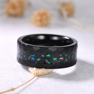 Vintage Blue Opal Men Ring Black Tungsten Galaxy Ring Hammered Ring Inlay Black Tungsten Ring - anerjuly