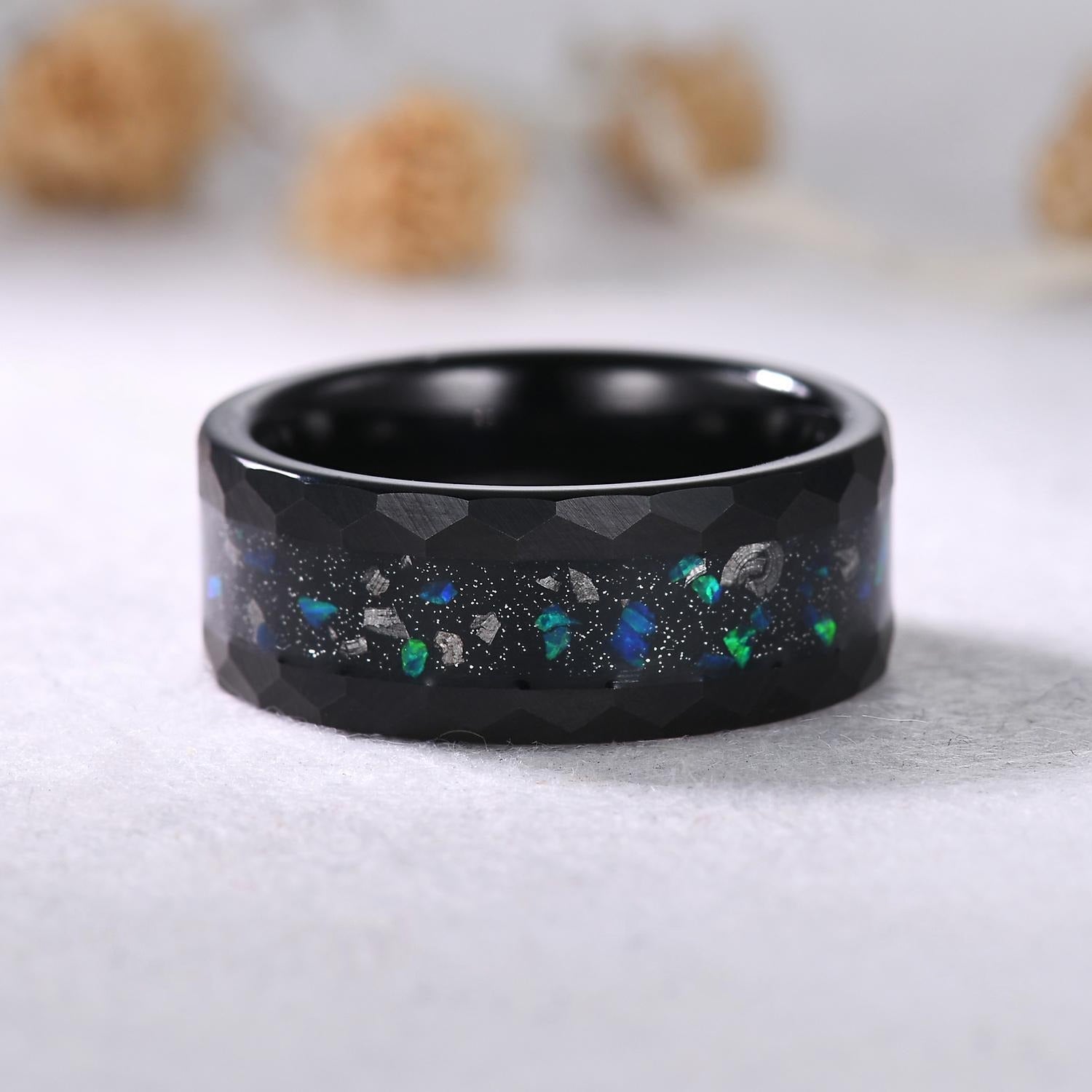 Vintage Blue Opal Men Ring Black Tungsten Galaxy Ring Hammered Ring Inlay Black Tungsten Ring - anerjuly