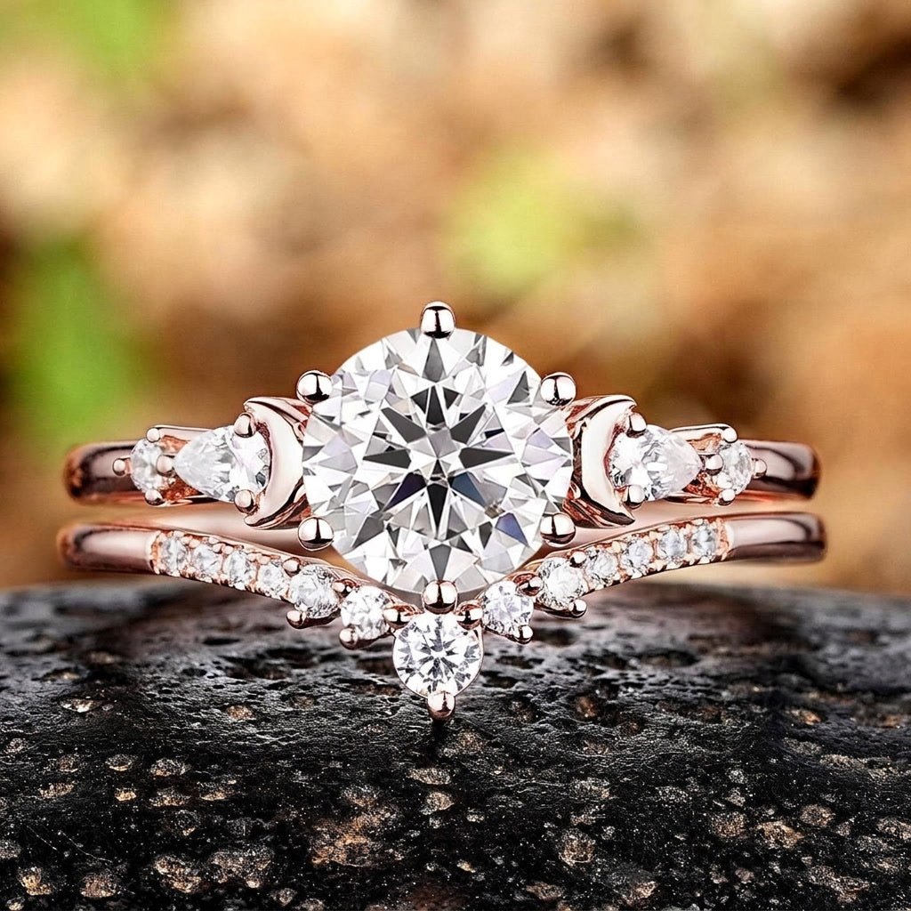 Vintage Cluster Round Cut White Moissanite Engagement Ring Set - anerjuly