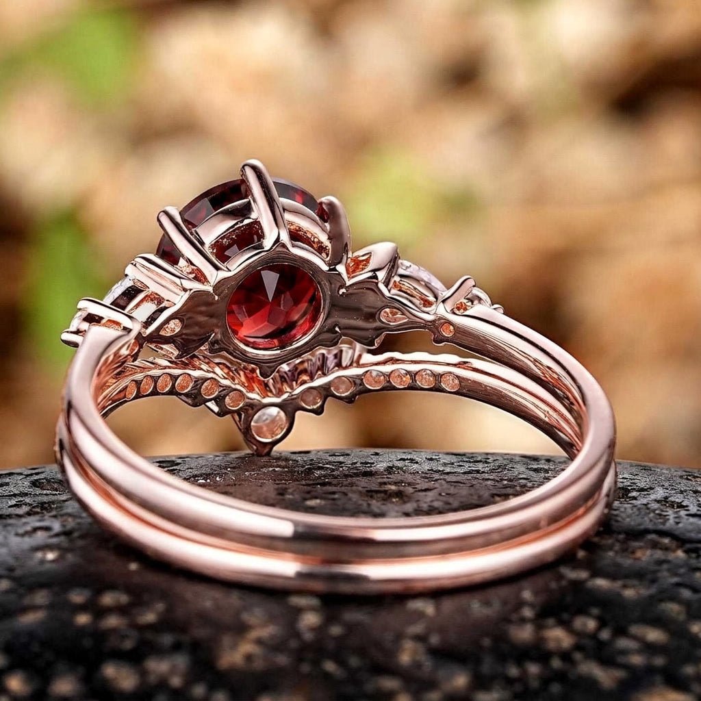 Vintage Cluster Round Red Garnet Bridal Ring Set - anerjuly