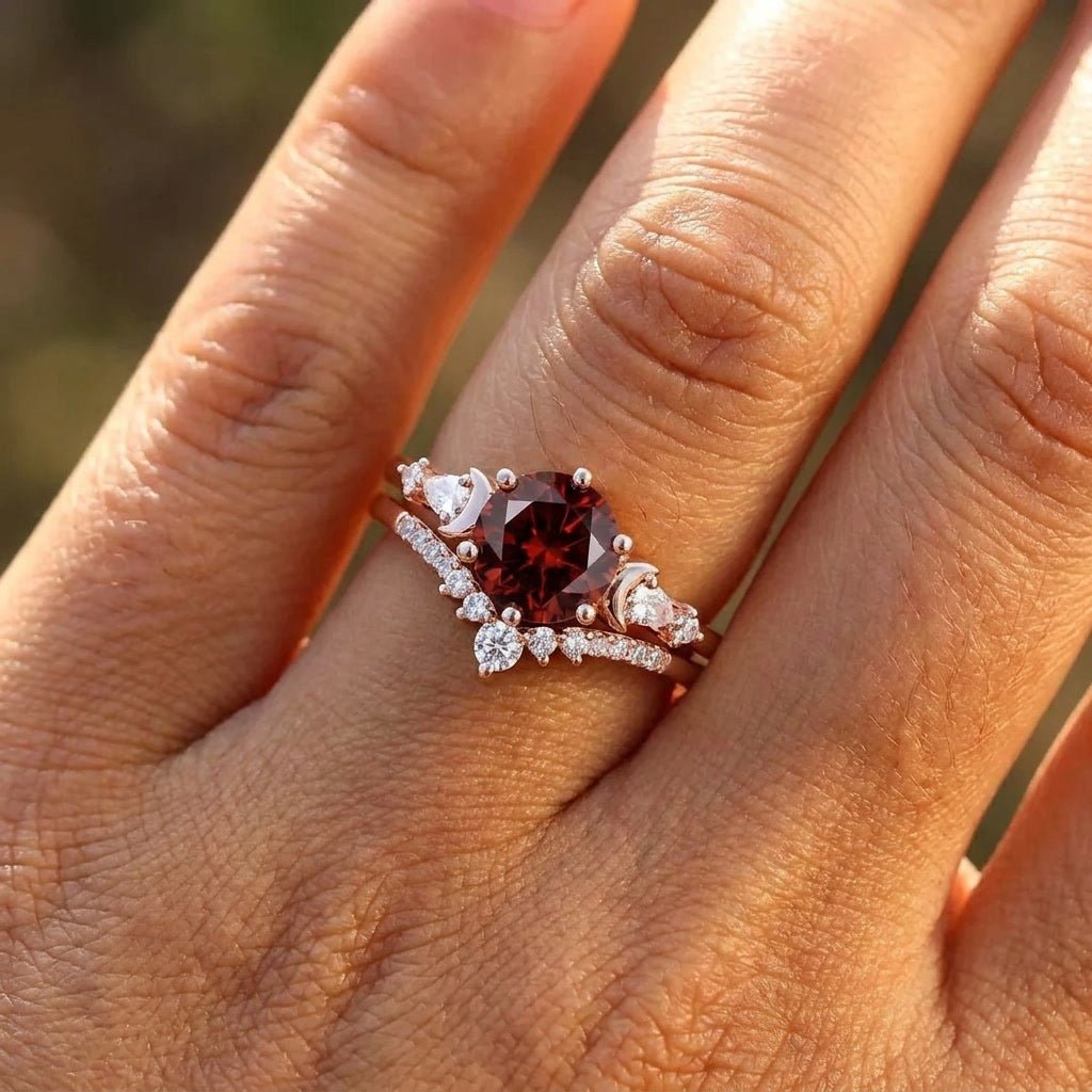 Vintage Cluster Round Red Garnet Bridal Ring Set - anerjuly