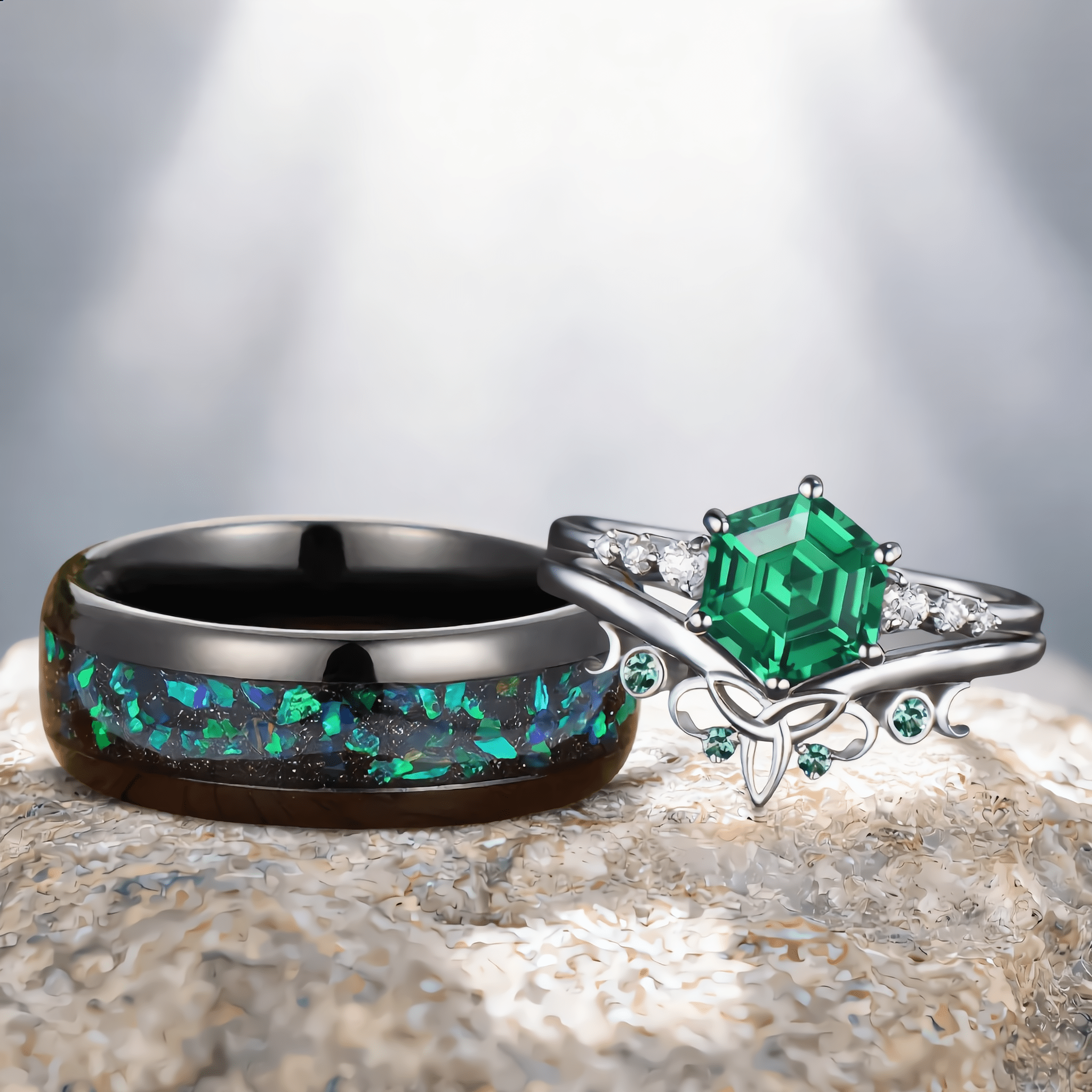 Vintage Emerald Bridal Set Green Opal Tungsten Unique His and Hers Rings Couple Ring - anerjuly