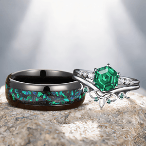 Vintage Emerald Bridal Set Green Opal Tungsten Unique His and Hers Rings Couple Ring - anerjuly