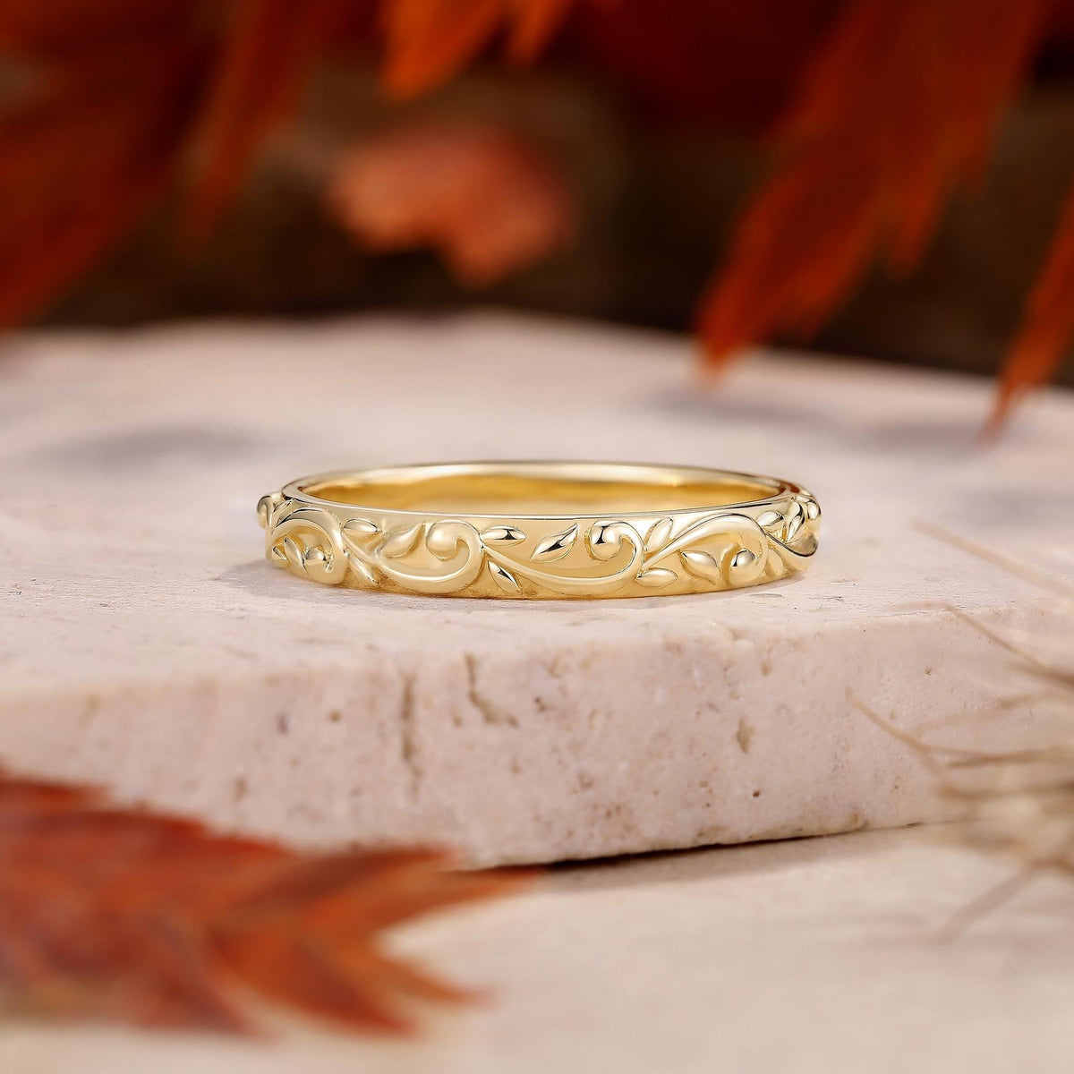 Vintage Engraved Floral Leaf Scroll Wedding Band - anerjuly