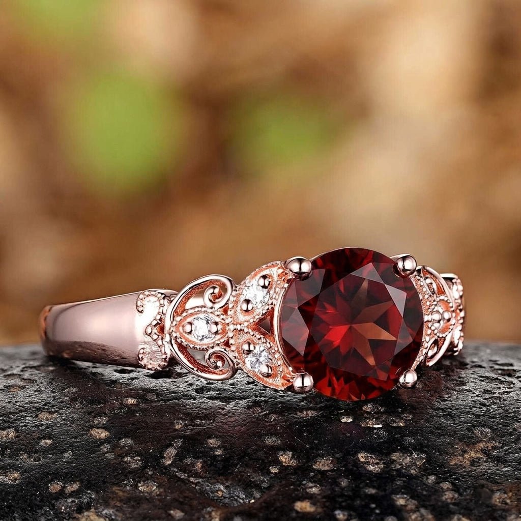 Vintage Filigree Round Red Garnet Engagement Ring - anerjuly