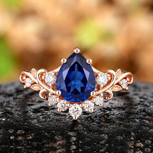 Her Ring - Vintage Floral Scroll Pear Blue Sapphire Engagement Ring