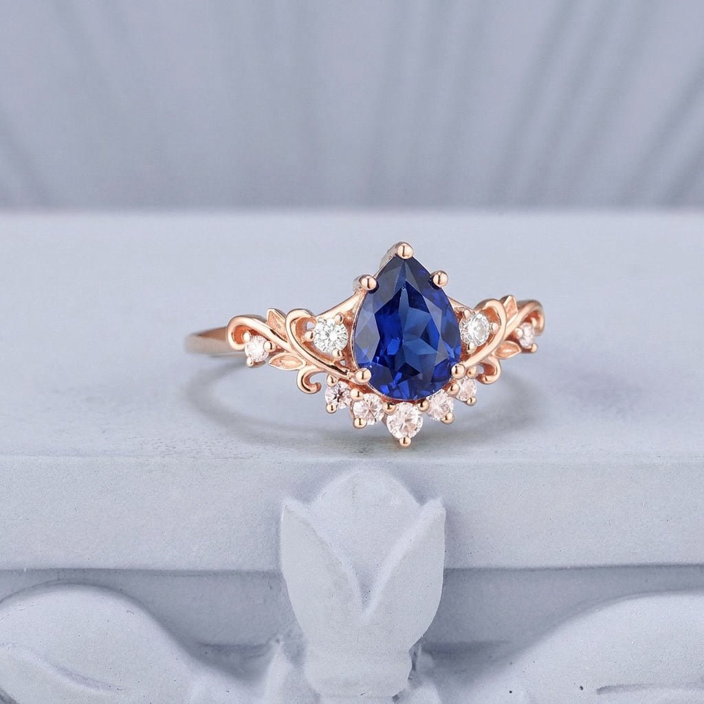 Vintage Floral Scroll Pear Blue Sapphire Engagement Ring - anerjuly