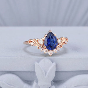 Vintage Floral Scroll Pear Blue Sapphire Engagement Ring - anerjuly