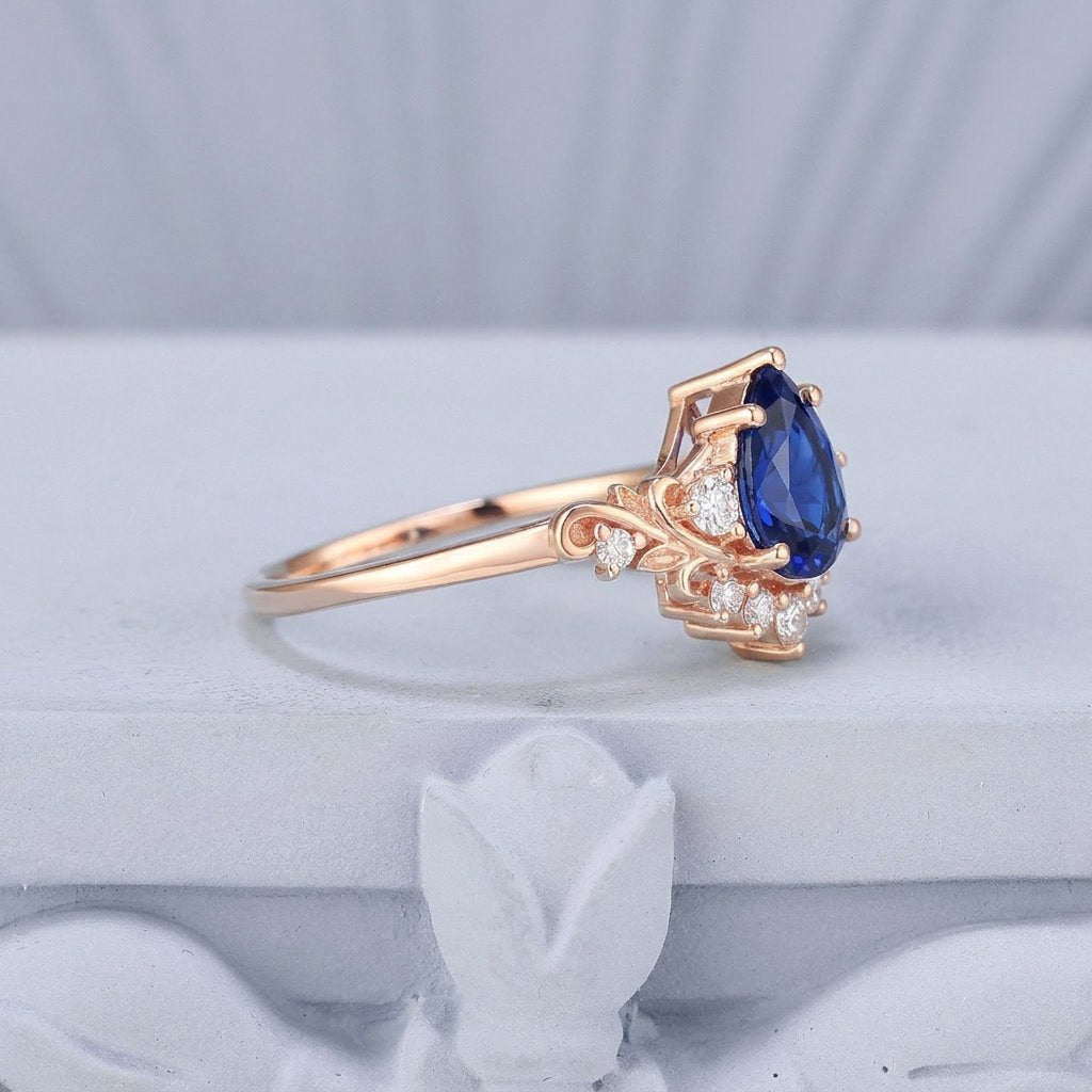 Vintage Floral Scroll Pear Blue Sapphire Engagement Ring - anerjuly