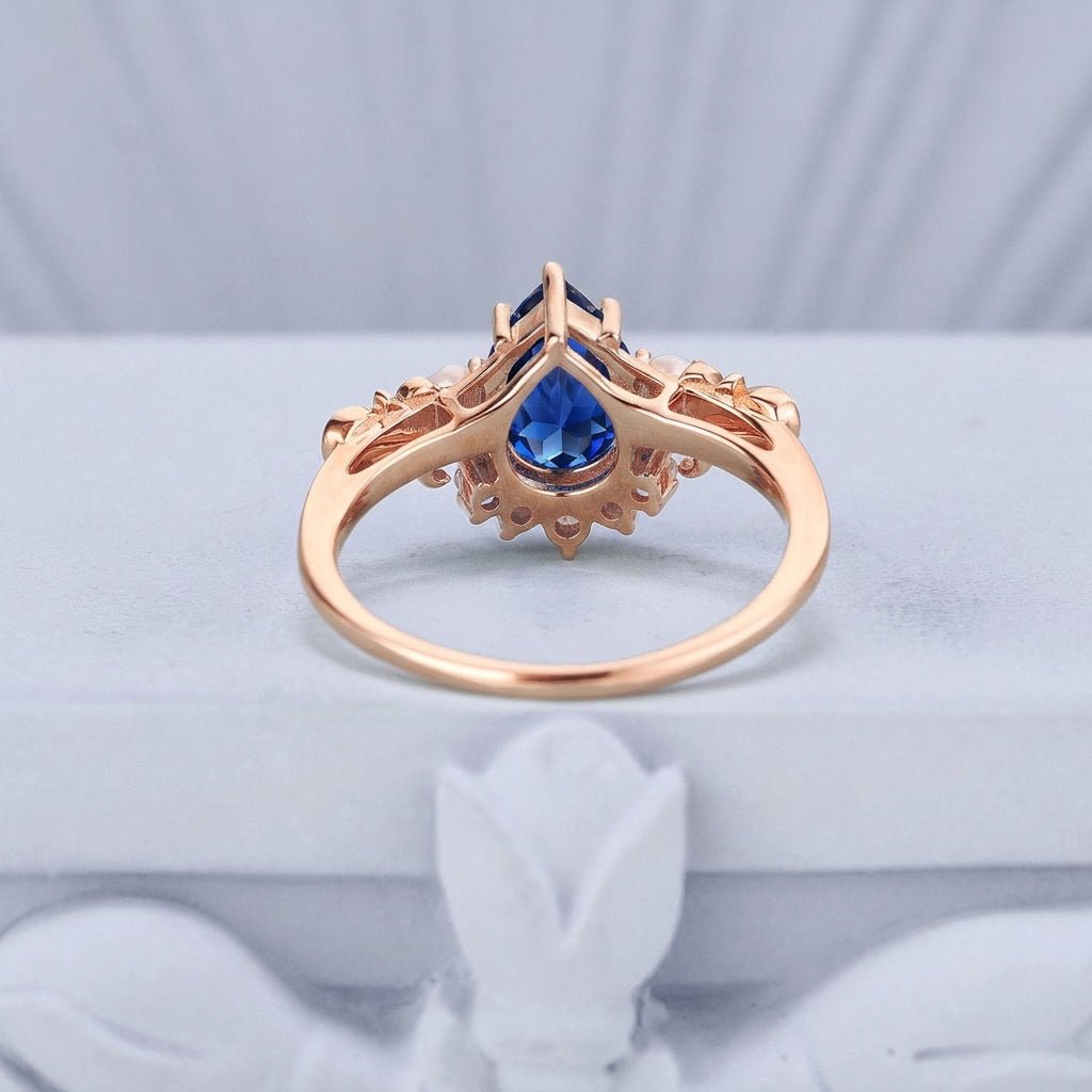Vintage Floral Scroll Pear Blue Sapphire Engagement Ring - anerjuly