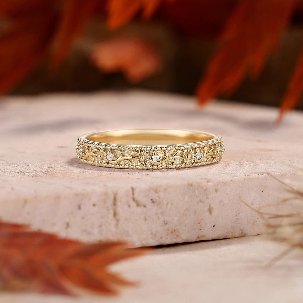 Vintage Floral Scroll Stone Accent Wedding Band - anerjuly