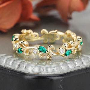 Vintage green emerald wedding band Unique nature inspired leaf band bridal ring Branches band - anerjuly