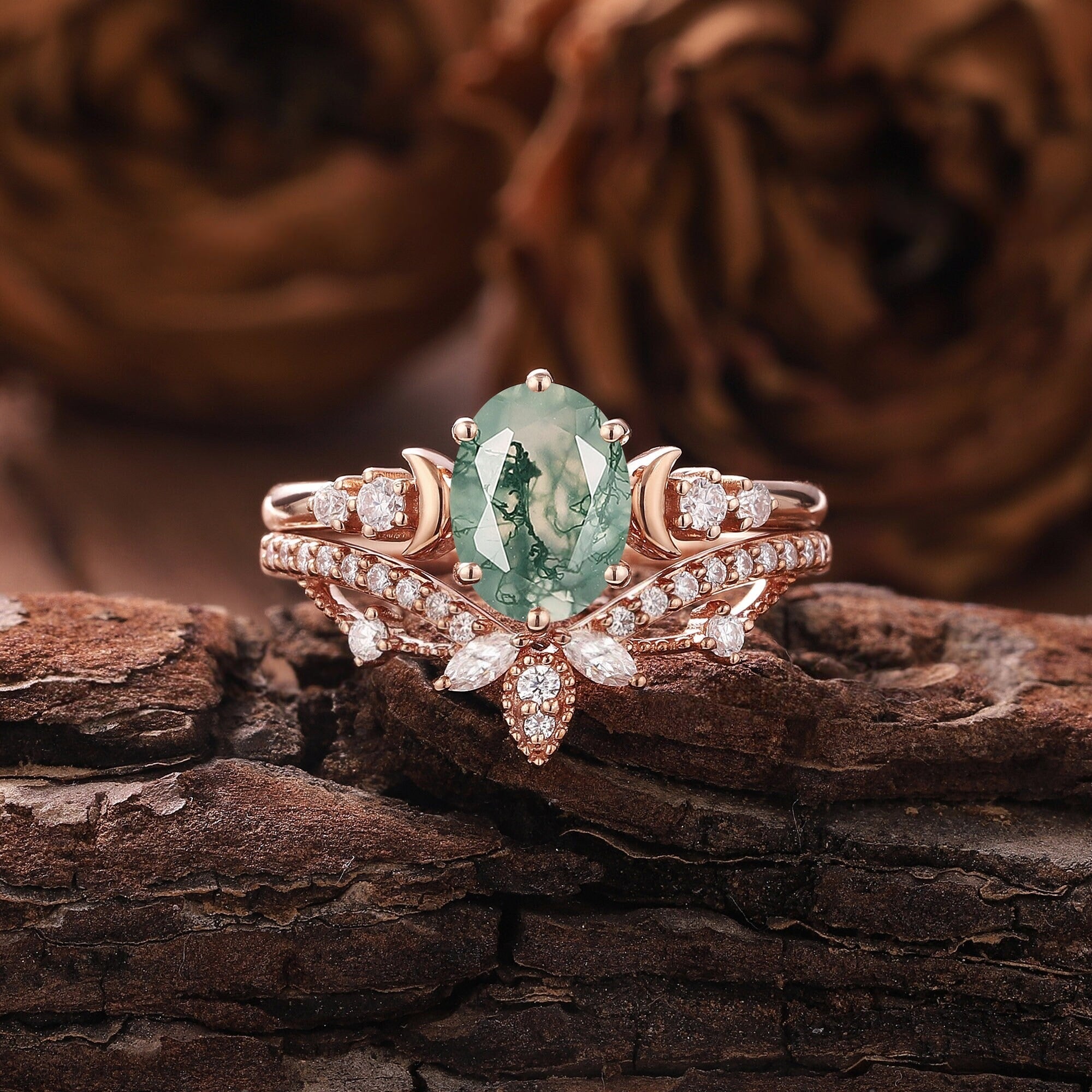 Vintage Green Moss Agate Engagement Ring Set Milgrain Green Gemstone Butterfly Ring Art Deco 2pcs Bridal Ring Set - anerjuly