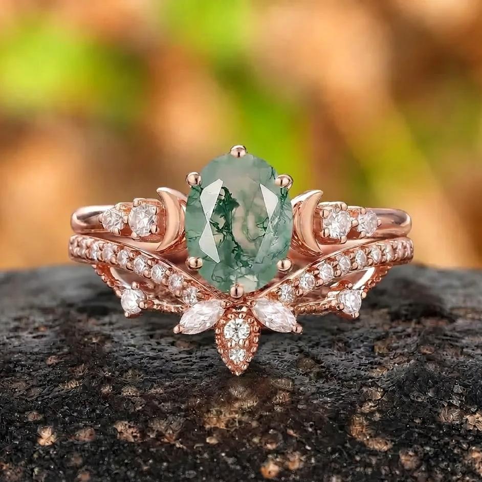 Vintage Green Moss Agate Engagement Ring Set Milgrain Green Gemstone Butterfly Ring Art Deco 2pcs Bridal Ring Set - anerjuly