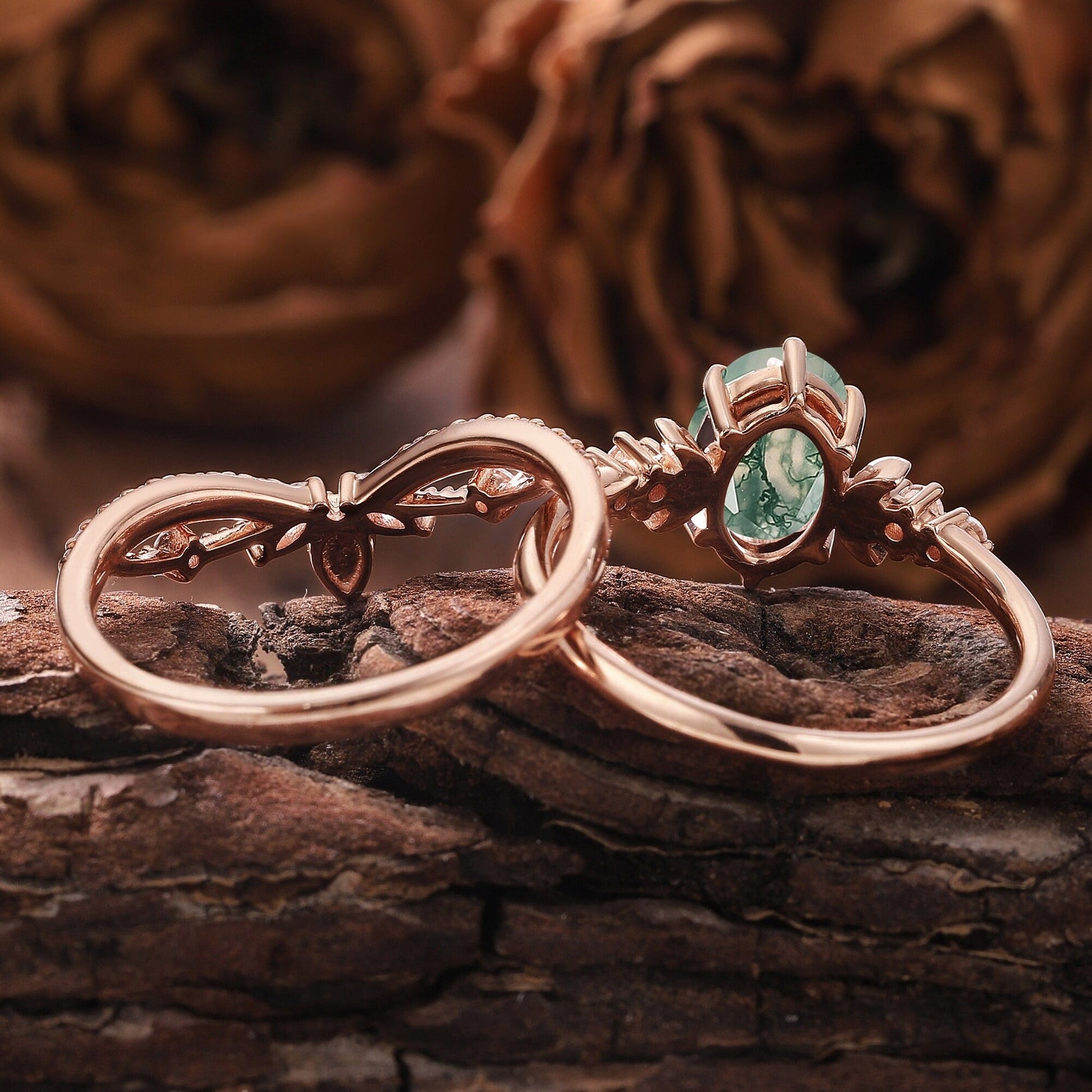 Vintage Green Moss Agate Engagement Ring Set Milgrain Green Gemstone Butterfly Ring Art Deco 2pcs Bridal Ring Set - anerjuly