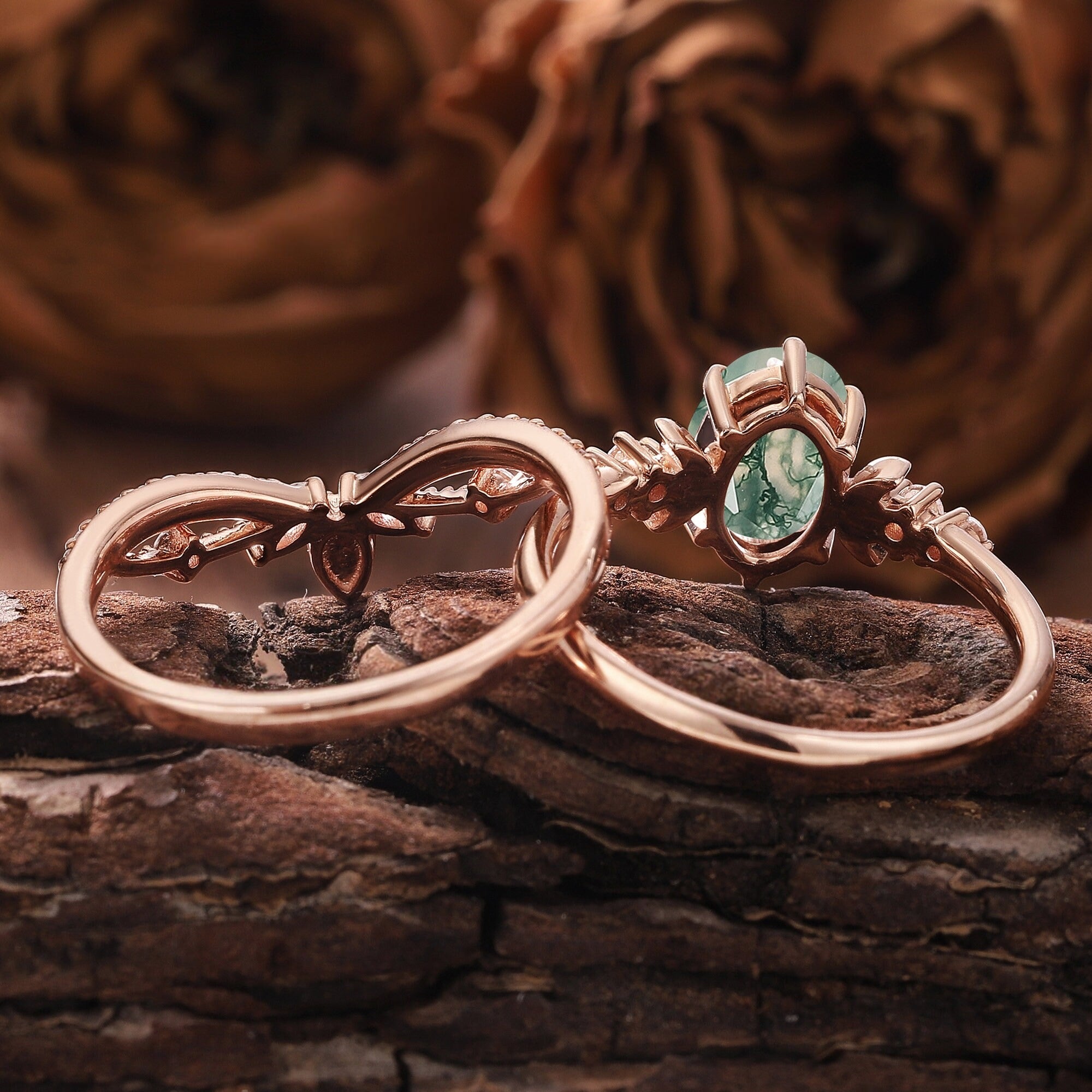 Vintage Green Moss Agate Engagement Ring Set Milgrain Green Gemstone Butterfly Ring Art Deco 2pcs Bridal Ring Set - anerjuly