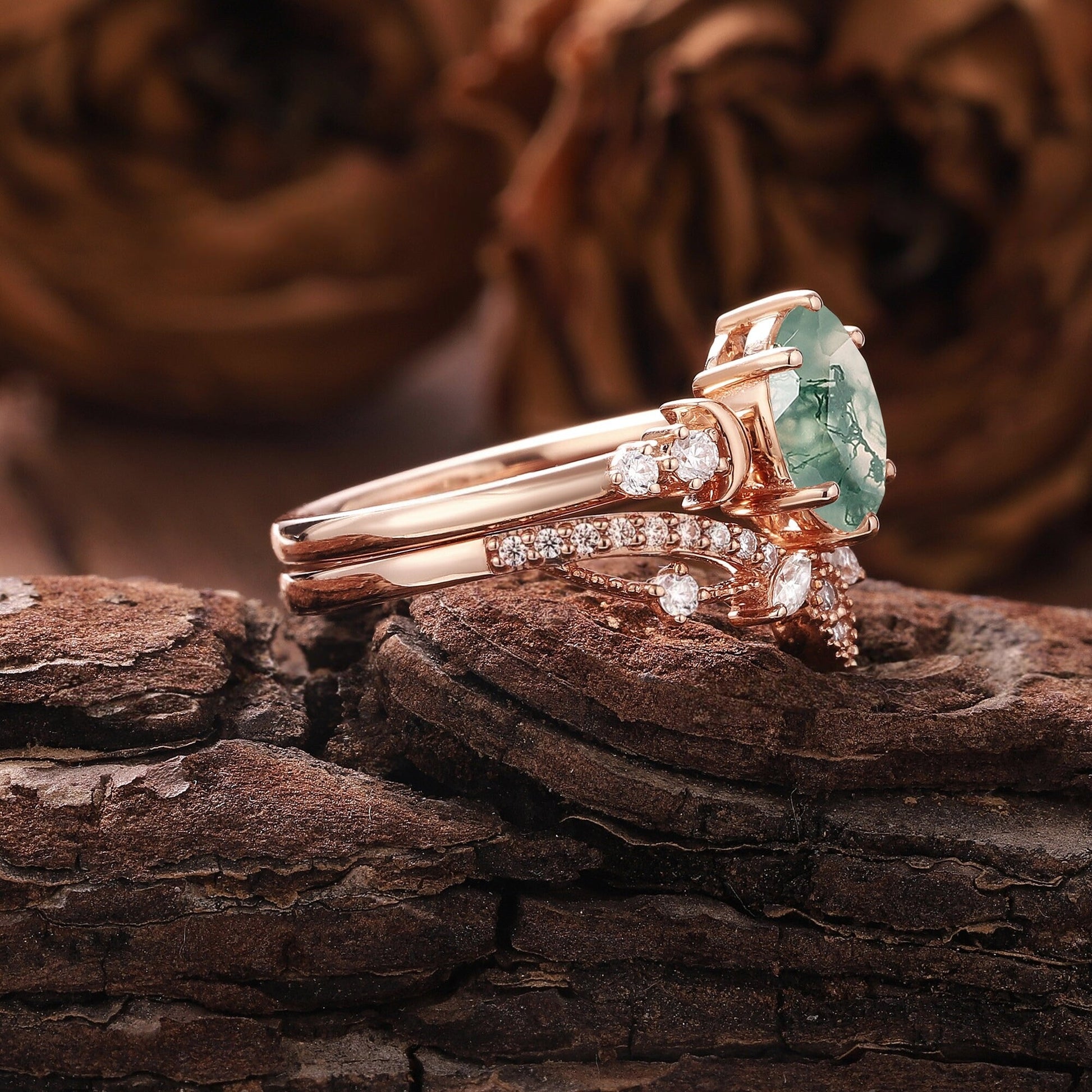 Vintage Green Moss Agate Engagement Ring Set Milgrain Green Gemstone Butterfly Ring Art Deco 2pcs Bridal Ring Set - anerjuly