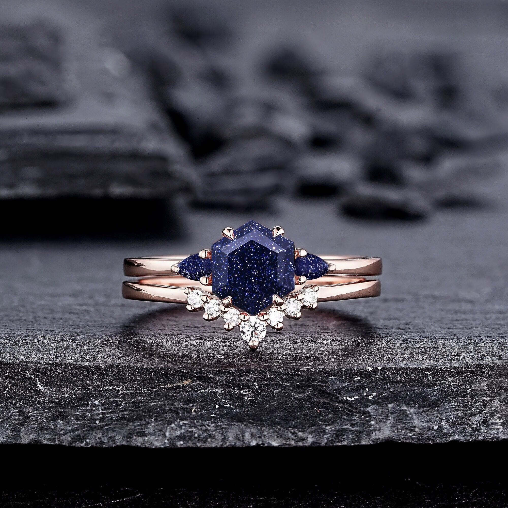 Vintage Hexagon Cut Blue Sandstone Engagement Ring Set Unique Rose Gold Three Stones Promise Ring, Sparkle Starry Stone Wedding Ring - anerjuly
