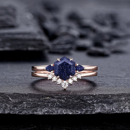 Vintage Hexagon Cut Blue Sandstone Engagement Ring Set Unique Rose Gold Three Stones Promise Ring, Sparkle Starry Stone Wedding Ring - anerjuly