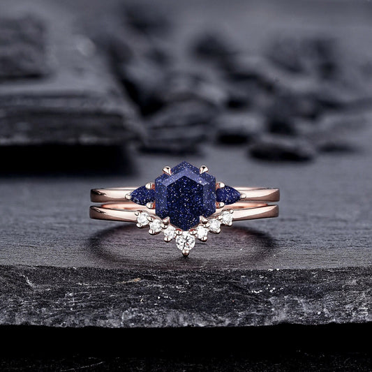 Vintage Hexagon Cut Blue Sandstone Engagement Ring Set Unique Rose Gold Three Stones Promise Ring, Sparkle Starry Stone Wedding Ring - anerjuly