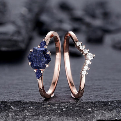 Vintage Hexagon Cut Blue Sandstone Engagement Ring Set Unique Rose Gold Three Stones Promise Ring, Sparkle Starry Stone Wedding Ring - anerjuly