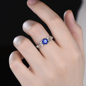 Vintage Hexagon cut Blue Sapphire Engagement Rings Set Leaf Nature Inspired Women Ring For Women - anerjuly