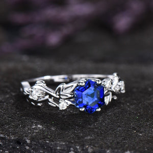 Vintage Hexagon cut Blue Sapphire Engagement Rings Set Leaf Nature Inspired Women Ring For Women - anerjuly