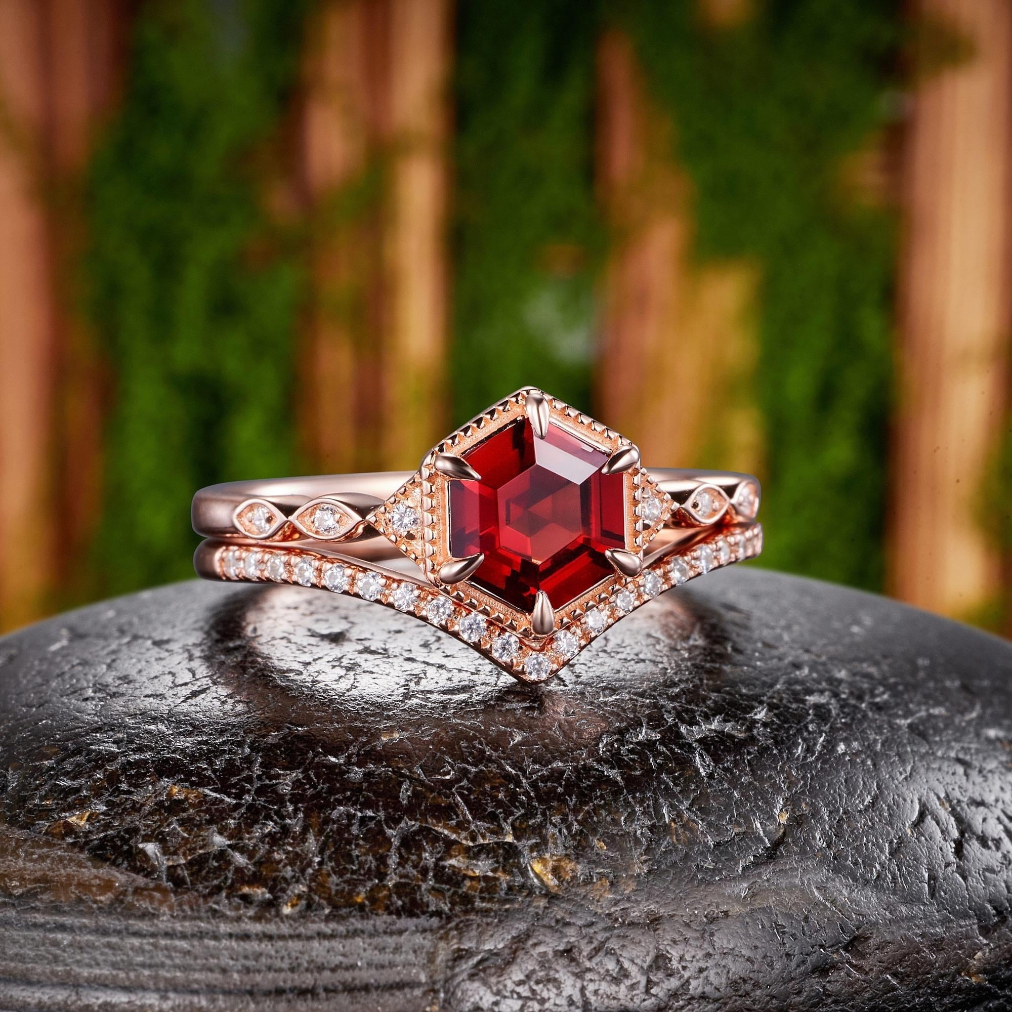 Vintage Hexagon Cut Red Garnet Couple Rings Cluster Ring Nature Inspired Leaf His and Her matching rings - anerjuly