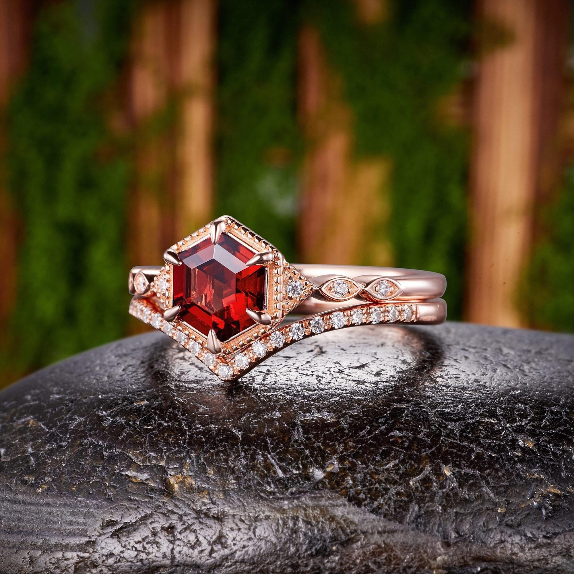 Vintage Hexagon Cut Red Garnet Couple Rings Cluster Ring Nature Inspired Leaf His and Her matching rings - anerjuly