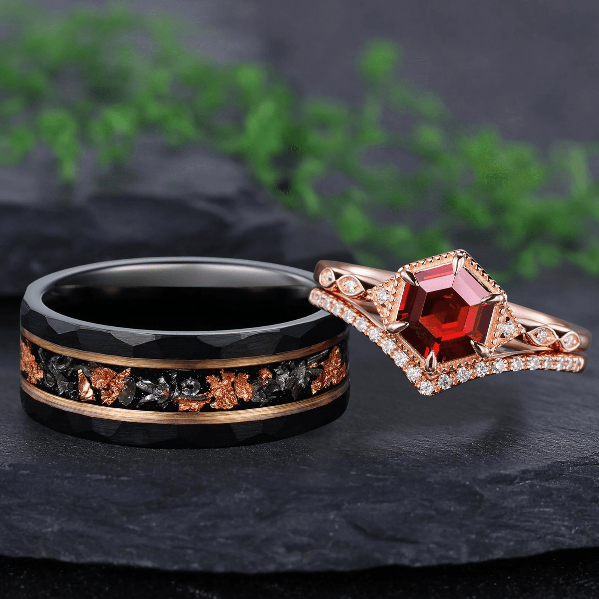 Vintage Hexagon Cut Red Garnet Couple Rings Cluster Ring Nature Inspired Leaf His and Her matching rings - anerjuly