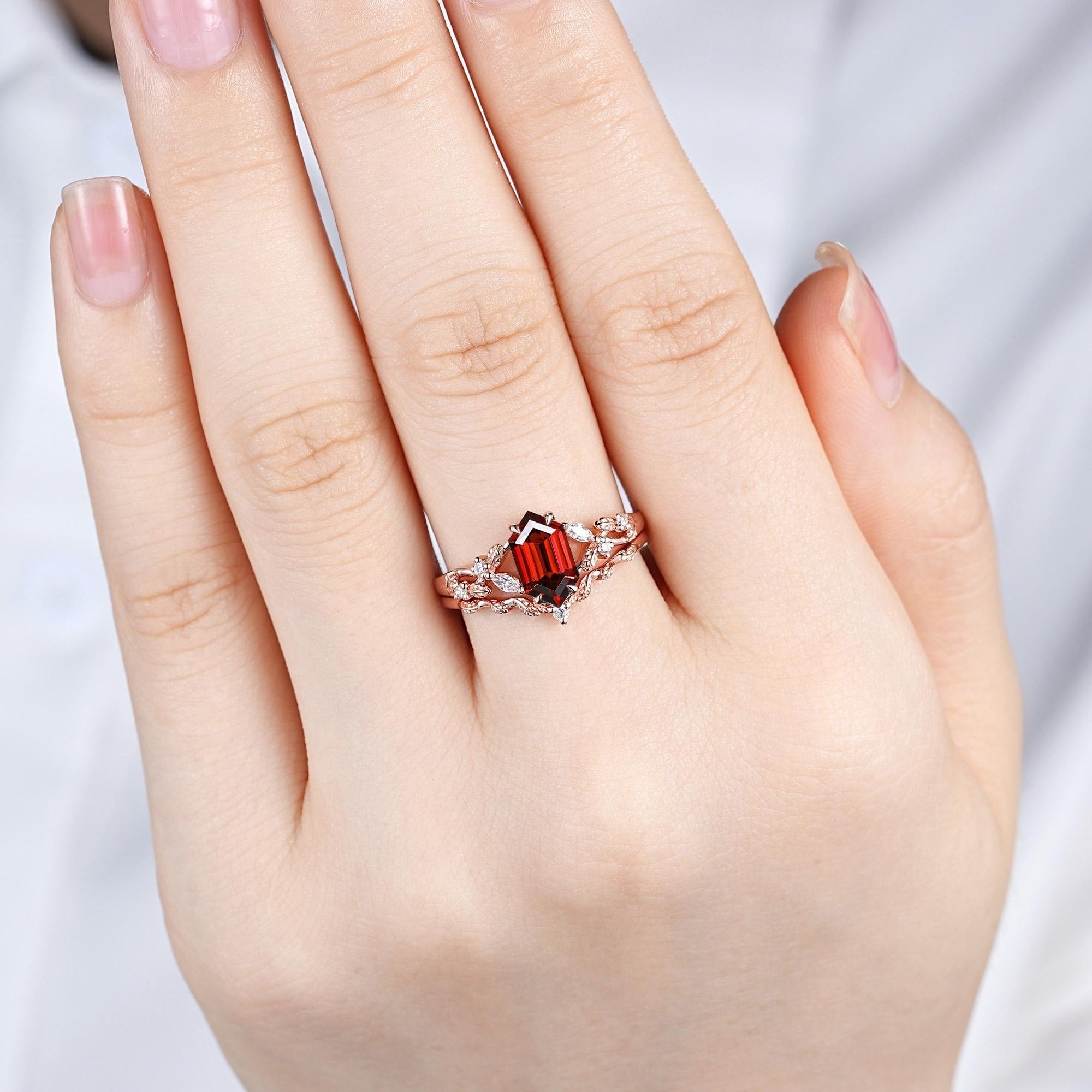 Vintage Hexagon Cut Red Garnet Couple Rings Cluster Ring Nature Inspired Leaf His and Her matching rings - anerjuly